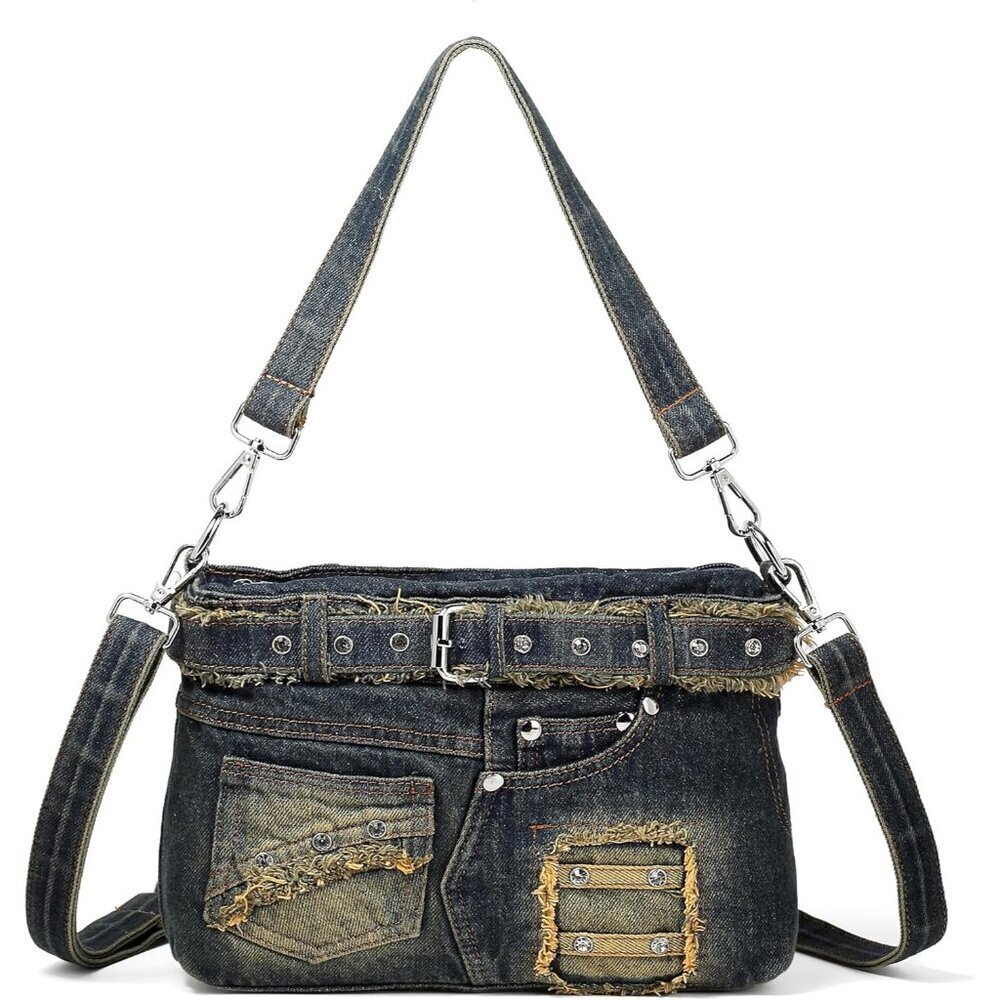 Denim Crossbody Bag Women Rhinestones Zipper Purses for Casual Wear